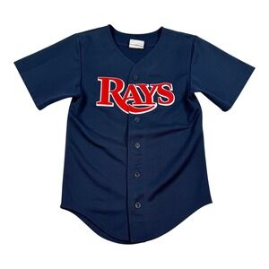 Tampa Bay Rays Baseball Shirt Youth Large Blue Button Front Jersey Uniform USA